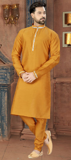 Yellow color Kurta Pyjamas in Dupion Silk fabric with Thread work