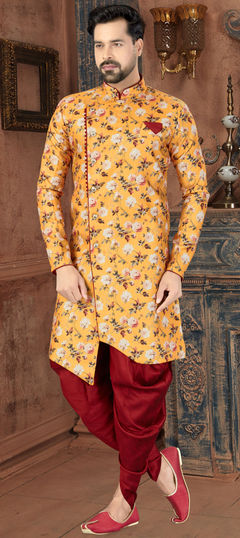 Yellow color IndoWestern Dress in Jacquard fabric with Digital Print work