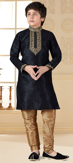 Black and Grey color Boys Kurta Pyjama in Art Silk fabric with Embroidered, Thread work : 1636085