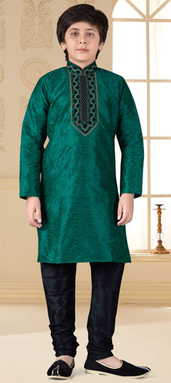 Green color Boys Kurta Pyjama in Art Silk fabric with Embroidered, Thread work : 1636099