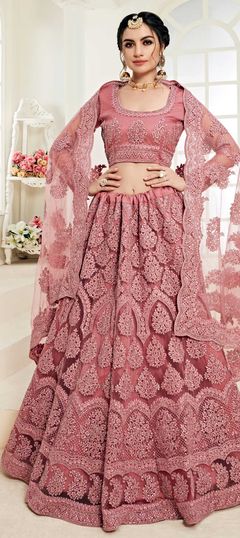 Engagement, Festive, Reception Pink and Majenta color Lehenga in Net fabric with A Line Embroidered, Resham, Thread work : 1636830