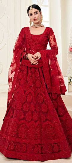 Engagement, Festive, Reception Red and Maroon color Lehenga in Net fabric with A Line Embroidered, Resham, Thread work : 1636833