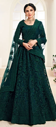 Engagement, Festive, Reception Green color Lehenga in Net fabric with A Line Embroidered, Resham, Thread work : 1636835