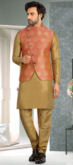 Beige and Brown color Kurta Pyjama with Jacket in Art Silk, Silk fabric with Thread work