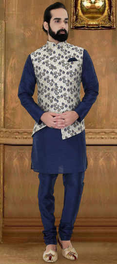 Blue color Kurta Pyjama with Jacket in Art Silk, Silk fabric with Thread work