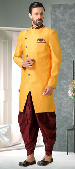Yellow color IndoWestern Dress in Silk fabric with Thread work