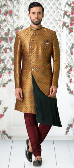 Yellow color IndoWestern Dress in Jacquard fabric with Broches work
