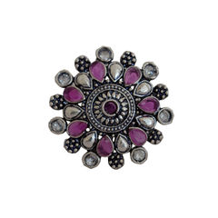 Silver Rodium Polish Pink and Majenta color Ring in Brass studded with CZ Diamond