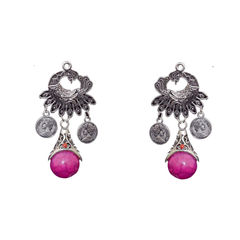 Silver Rodium Polish Pink and Majenta color Earrings in Brass studded with Artificial