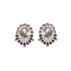 Gold Rodium Polish Green color Earrings in Brass studded with Beads, Kundan