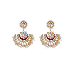 Gold Rodium Polish Red and Maroon, White and Off White color Earrings in Brass studded with Beads, Kundan