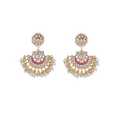 Gold Rodium Polish Pink and Majenta, White and Off White color Earrings in Brass studded with Beads, Kundan