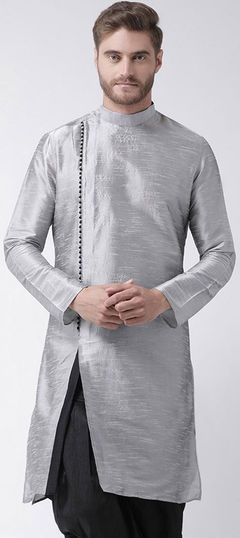 Black and Grey color Kurta in Dupion Silk fabric with Thread work