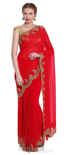 Red and Maroon color Saree in Georgette fabric with Stone work