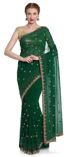 Green color Saree in Georgette fabric with Stone work