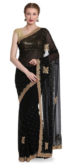 Black and Grey color Saree in Georgette fabric with Stone work