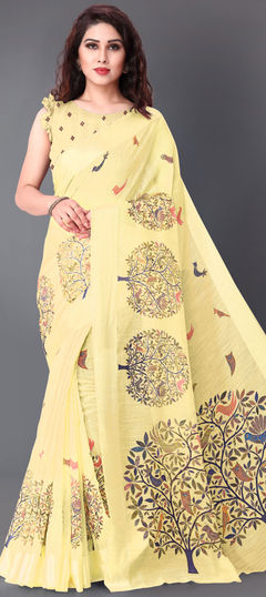 Yellow color Saree in Cotton fabric with Printed work