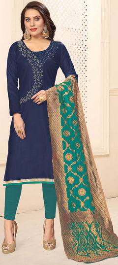 Blue color Salwar Kameez in Cotton fabric with Bugle Beads, Lace, Mirror work