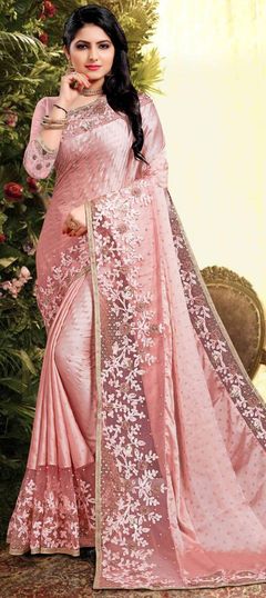 Pink and Majenta color Saree in Art Silk, Silk, Tissue fabric with Embroidered, Lace, Moti, Sequence, Stone, Thread work