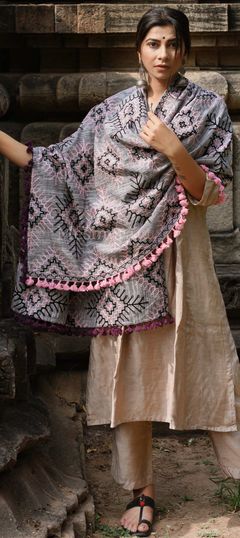 Black and Grey color Dupatta in Cotton fabric with Embroidered, Thread work