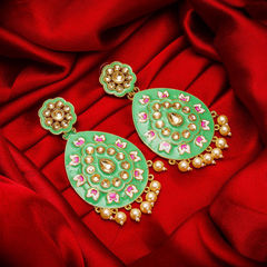 Gold Rodium Polish Green color Earrings in Metal Alloy studded with Pearl