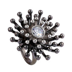 Enamel Black and Grey, White and Off White color Ring in Metal Alloy studded with CZ Diamond