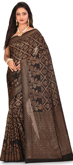 Black and Grey color Saree in Banarasi Silk, Silk fabric with Weaving work