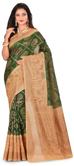 Green color Saree in Banarasi Silk, Silk fabric with Weaving work