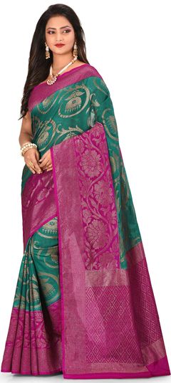 Green, Pink and Majenta color Saree in Banarasi Silk, Silk fabric with Weaving work