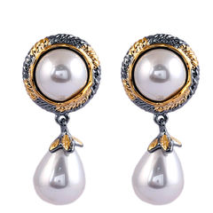 Gold Rodium Polish Black and Grey, White and Off White color Earrings in Metal Alloy studded with Pearl