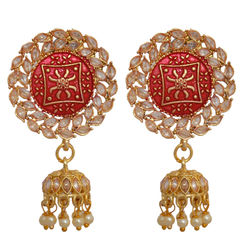 Gold Rodium Polish Red and Maroon color Earrings in Brass studded with Pearl