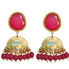 Gold Rodium Polish Pink and Majenta color Earrings in Brass studded with Beads, CZ Diamond
