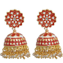Gold Rodium Polish Red and Maroon color Earrings in Brass studded with Kundan, Pearl