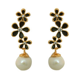 Gold Rodium Polish Black and Grey color Earrings in Brass studded with CZ Diamond