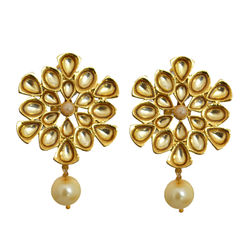 Gold Rodium Polish Gold color Earrings in Brass studded with Kundan