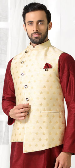 Gold color Nehru Jacket in Jacquard fabric with Weaving work