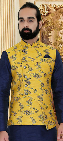 Yellow color Nehru Jacket in Brocade fabric with Weaving work