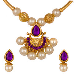 Gold Rodium Polish Purple and Violet, White and Off White color Necklace in Metal Alloy studded with Austrian diamond, Kundan