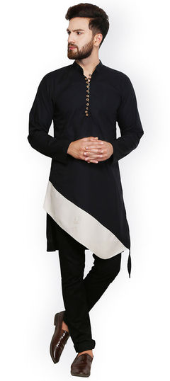 Black and Grey color Kurta Pyjamas in Cotton fabric with Thread work