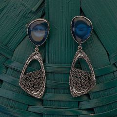 Silver Rodium Polish Blue color Earrings in Metal Alloy studded with CZ Diamond