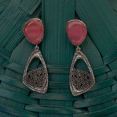 Silver Rodium Polish Pink and Majenta color Earrings in Metal Alloy studded with CZ Diamond