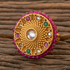 Pink and Majenta color Ring in Brass studded with Pearl & Gold Rodium Polish : 1643896