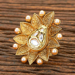 Beige and Brown color Ring in Brass studded with Kundan, Pearl & Gold Rodium Polish : 1643898