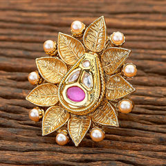 Beige and Brown color Ring in Brass studded with Kundan & Gold Rodium Polish : 1643901