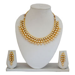 Gold Rodium Polish White and Off White color Necklace in Copper studded with Kundan, Pearl