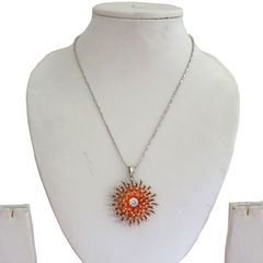 Silver Rodium Polish Orange color Pendant in Brass studded with CZ Diamond