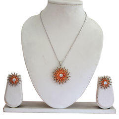 Silver Rodium Polish Orange color Pendant in Brass studded with CZ Diamond