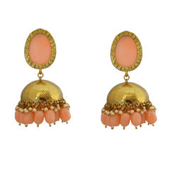 Gold Rodium Polish Orange color Earrings in Brass studded with Kundan, Pearl