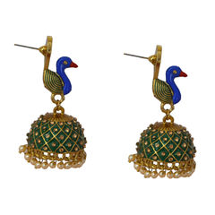 Gold Rodium Polish Green color Earrings in Brass studded with CZ Diamond, Pearl