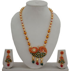 Gold Rodium Polish Green, Red and Maroon color Pendant in Copper studded with Pearl